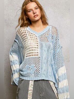 POL Light Blue & Cream Open-Knit V-Neck Sweater